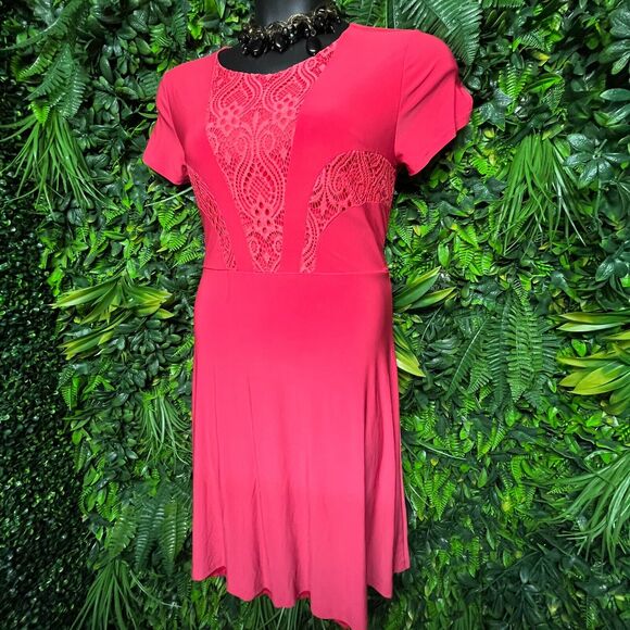 NINA PIU Dress Women Large Coral Pink Lace Fit Flare Skater Stretch 1297 - Picture 8 of 8